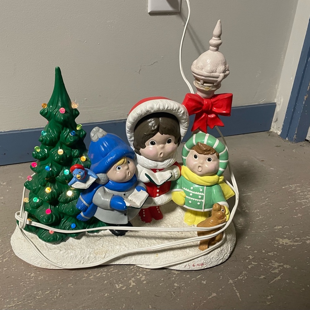 Vintage Christmas carolers with light up ceramic tree, 80s Christmas decor.